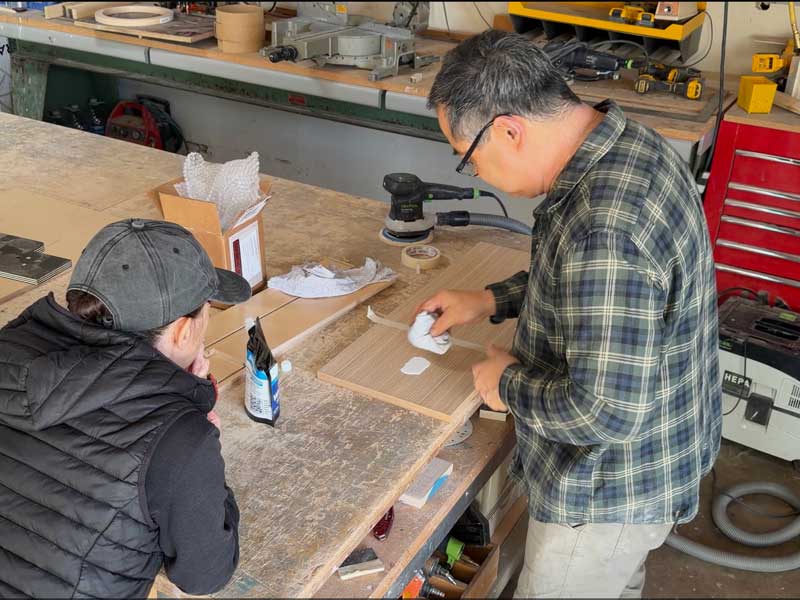 Wood shop testings color samples for our Kitchen Cabinets