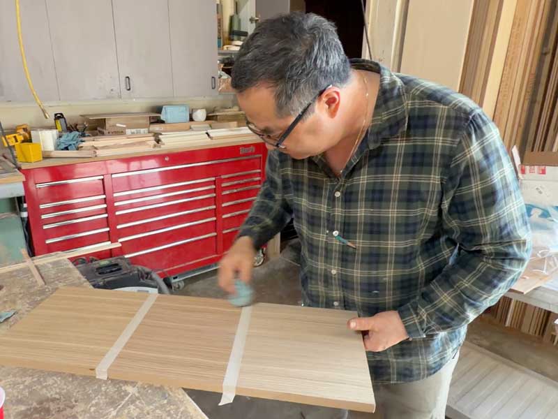 Wood shop testings color samples for our Kitchen Cabinets