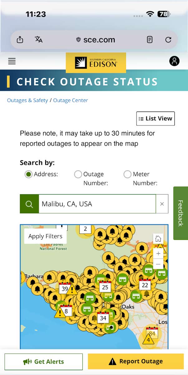 Screenshot of the Southern California Edison outage map for Malibu, CA, crowded with yellow outage markers across the Malibu and Los Angeles area.