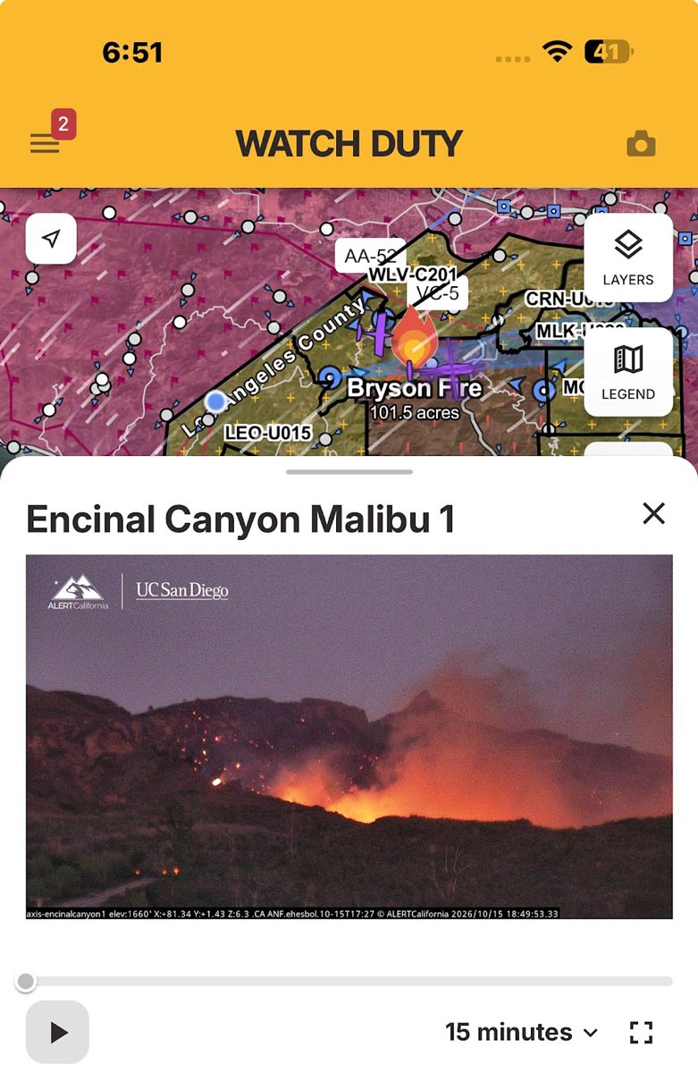 Screenshot of the Watch Duty app showing the Bryson Fire at 101.5 acres, with an Encinal Canyon camera view of flames and embers on a dark hillside.
