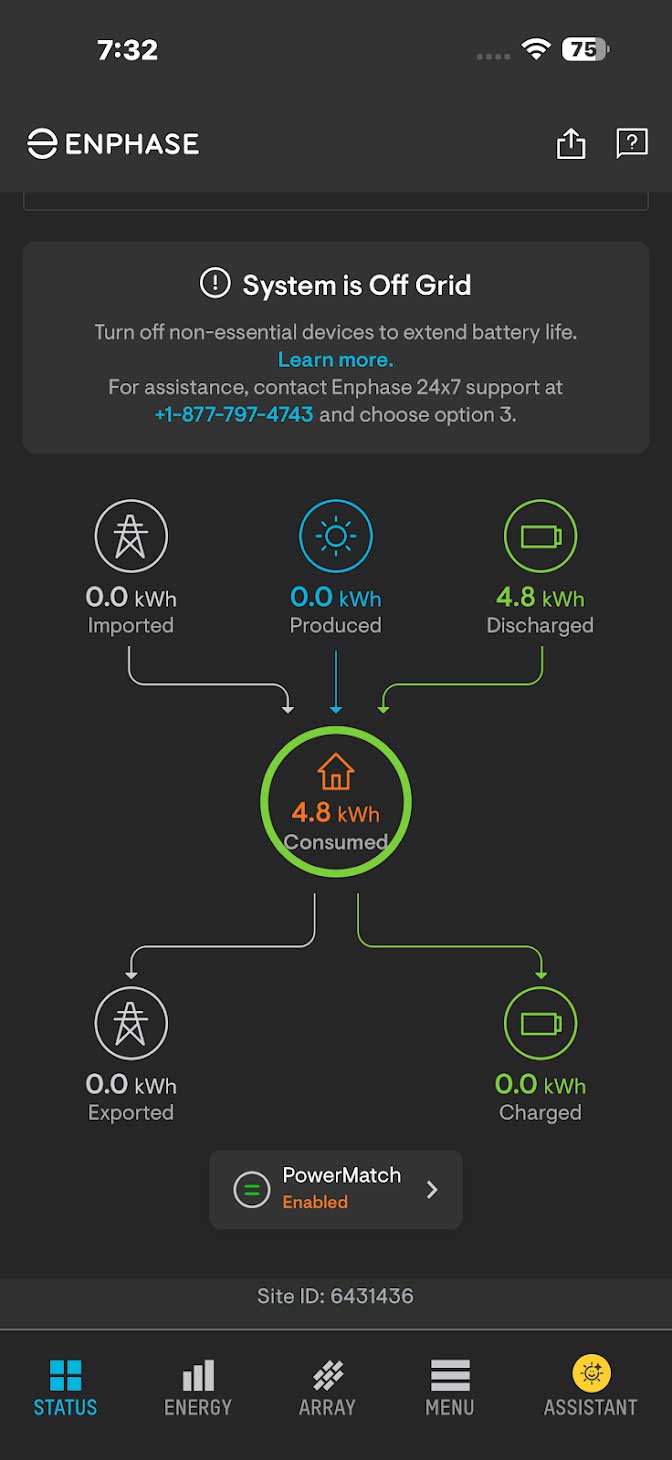 Screenshot of the Enphase app showing the system off grid: 0.0 kWh imported and produced, 4.8 kWh discharged from the battery and consumed by the house.